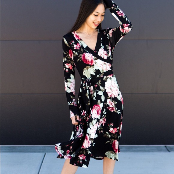 pink and black wrap dress black and pink dress for women Black and Pink Floral Wrap Dress
